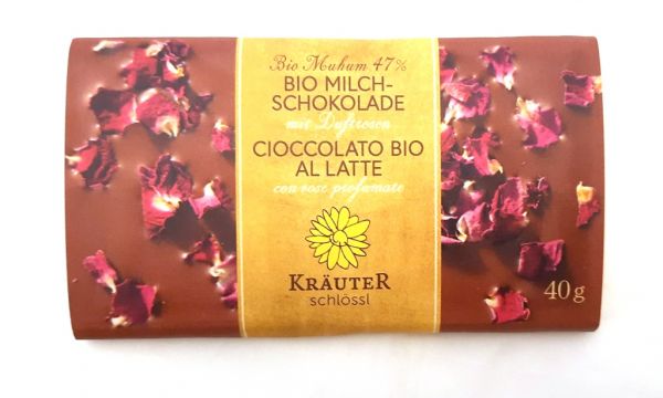 Cioccolato al latte con fior di rose 40g DE-ÖKO-037